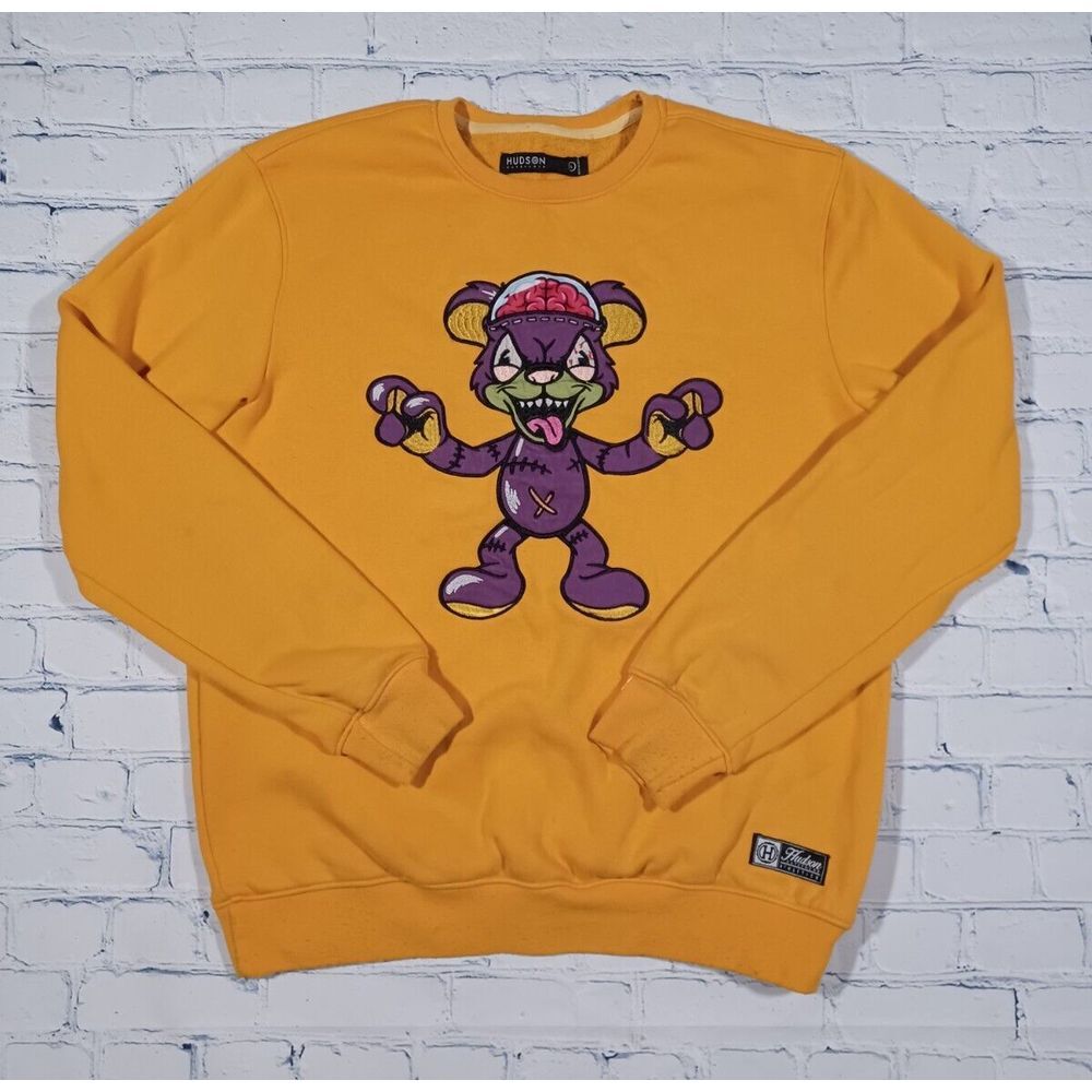 Hudson Sweatshirt Mens M‎ Yellow Long Sleeve Monster Embroidered